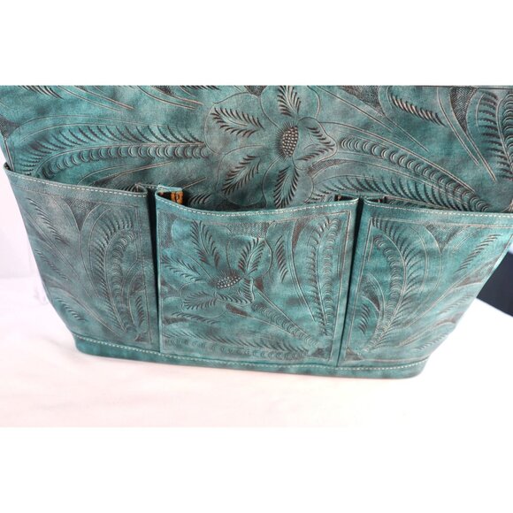 LEADERS IN LEATHER Turquoise Embossed Tote Bag with Floral Pattern - Picture 9 of 10